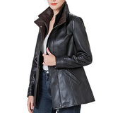 Women’s High-Collar Black Lambskin Leather Jacket with Brown Details