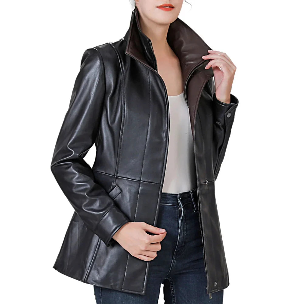 Women’s High-Collar Black Lambskin Leather Jacket with Brown Details