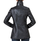 Women’s High-Collar Black Lambskin Leather Jacket with Brown Details