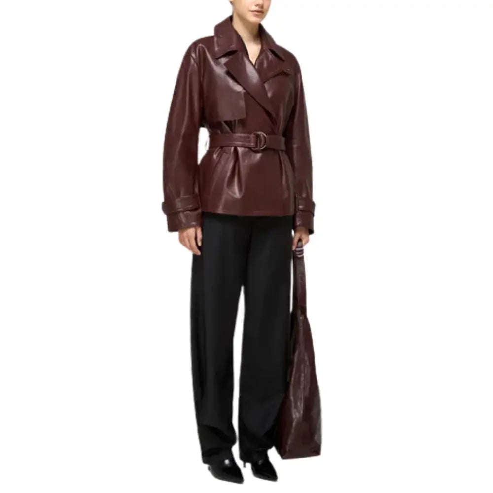 Women's-Leather-Burgundy-Belted-Short-Trench-Coat