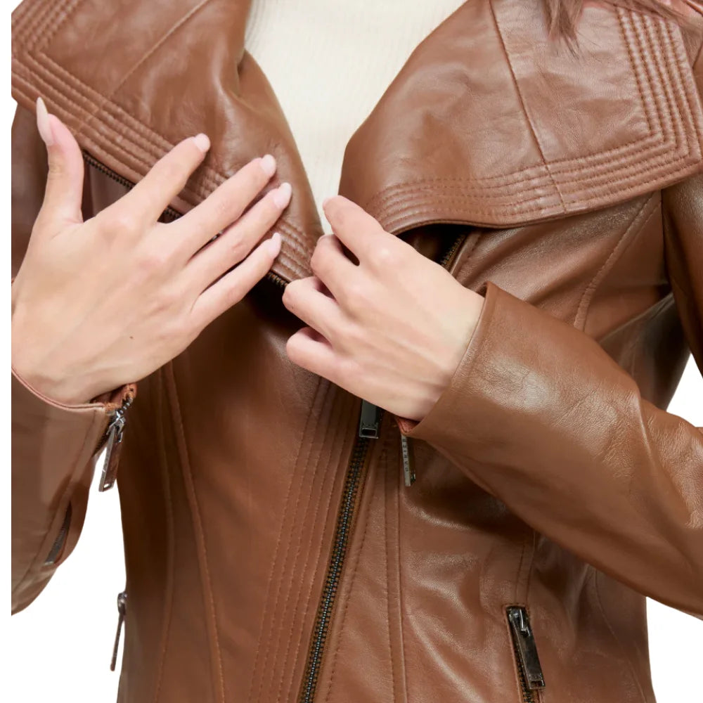 Women’s Tan Moto Leather Jacket with Wide Lapel Collar