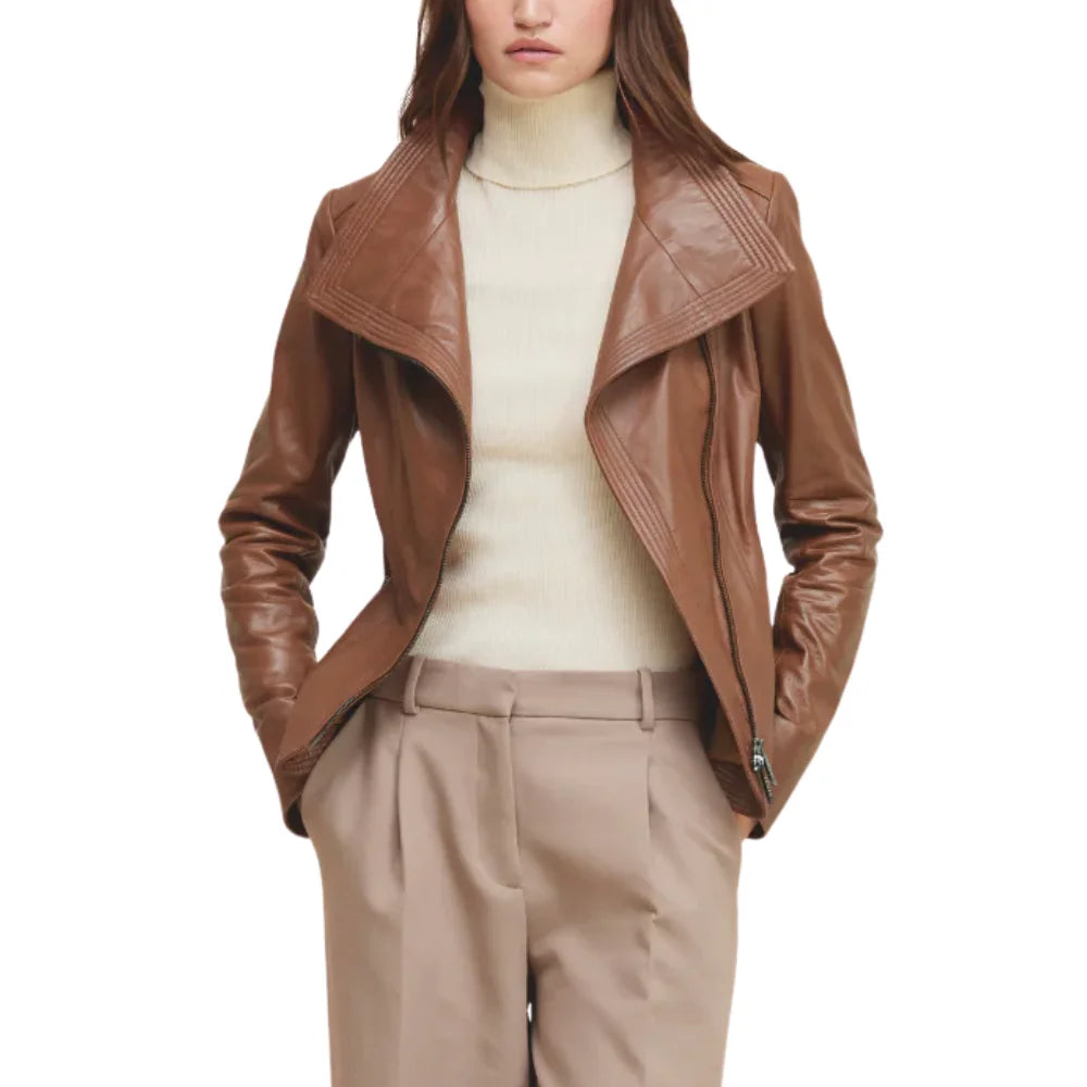 Women’s Tan Moto Leather Jacket with Wide Lapel Collar