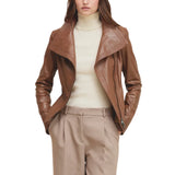 Women’s Tan Moto Leather Jacket with Wide Lapel Collar