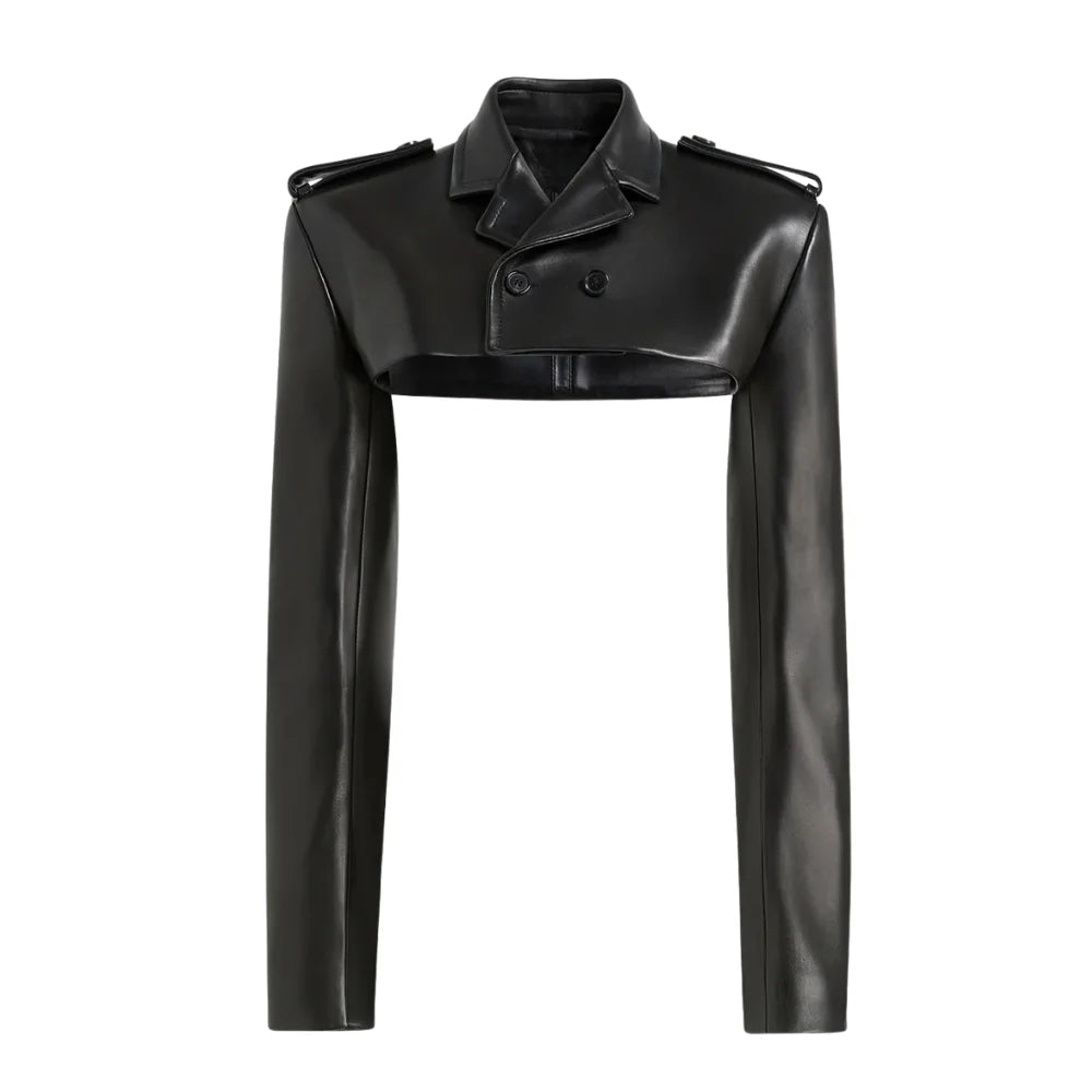 Women's Black Leather Cropped Trench Bolero