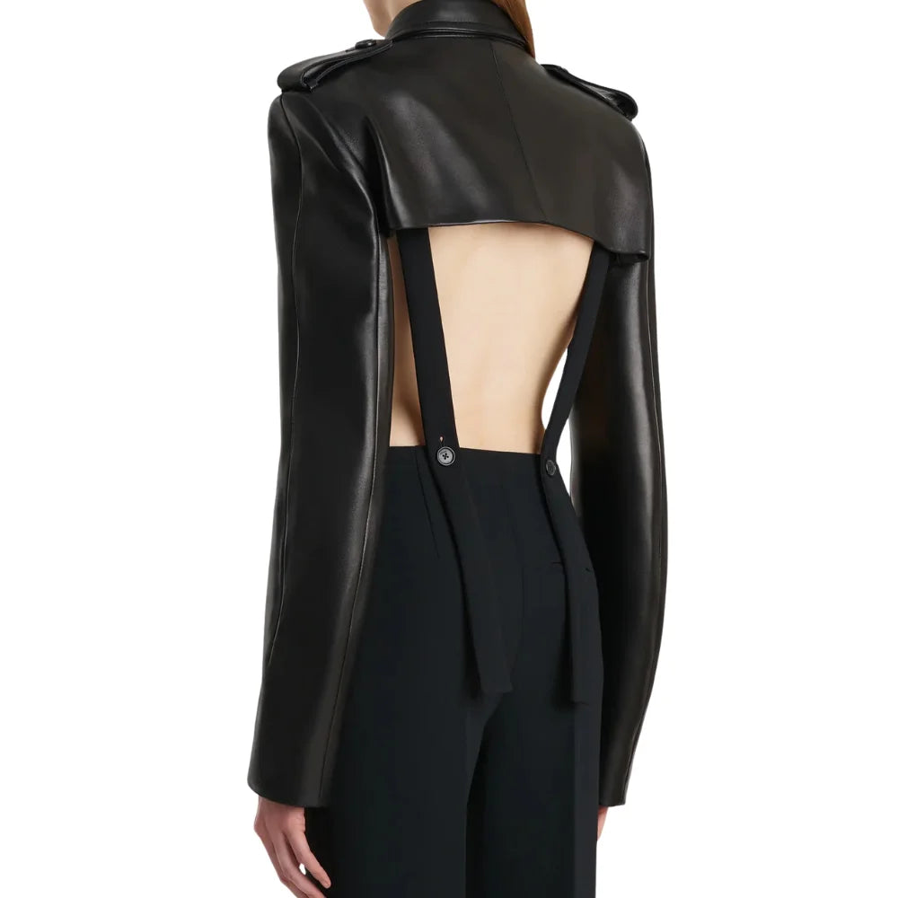 Women's Black Leather Cropped Trench Bolero