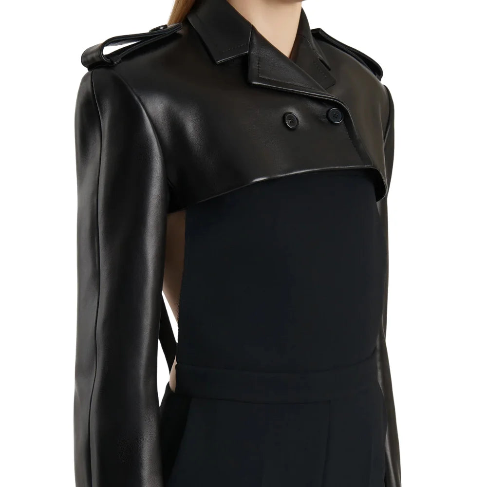Women's Black Leather Cropped Trench Bolero