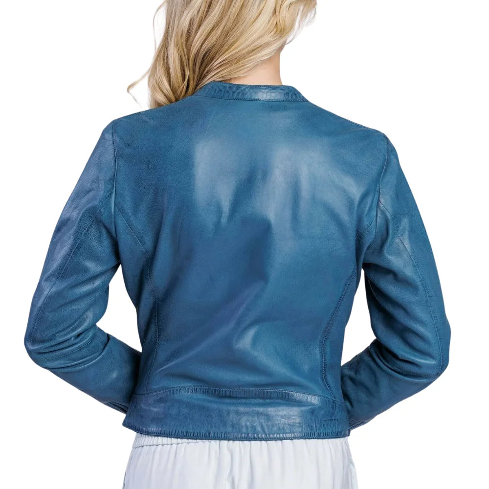 Women’s Blue Cafe Racer Genuine Leather Jacket with Stand Collar