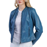 Women’s Blue Cafe Racer Genuine Leather Jacket with Stand Collar