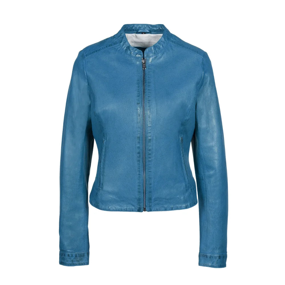 Women’s Blue Cafe Racer Genuine Leather Jacket with Stand Collar