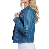 Women’s Blue Cafe Racer Genuine Leather Jacket with Stand Collar