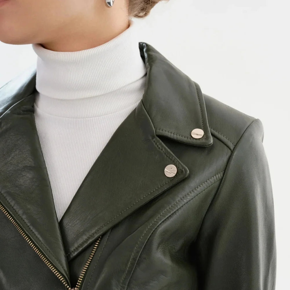 Women's -Leather-Olive-Green-Biker-Jacket