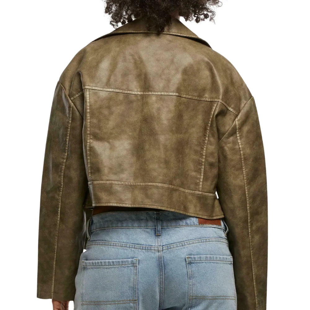 Women’s Olive Green Cropped Leather Biker Jacket