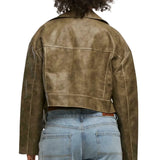 Women’s Olive Green Cropped Leather Biker Jacket