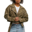 Women’s Olive Green Cropped Leather Biker Jacket
