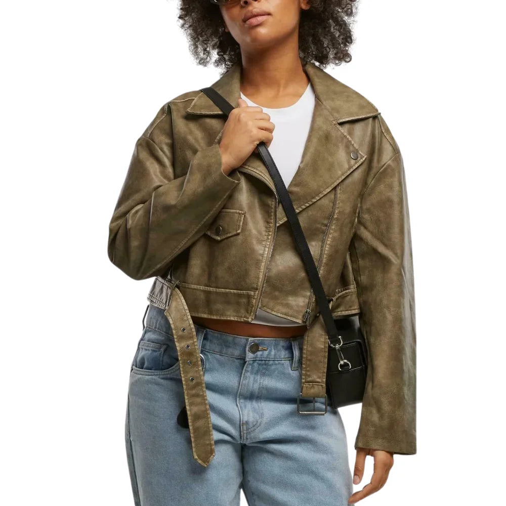 Women’s Olive Green Cropped Leather Biker Jacket
