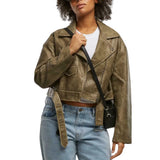Women’s Olive Green Cropped Leather Biker Jacket
