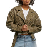 Women’s Olive Green Cropped Leather Biker Jacket