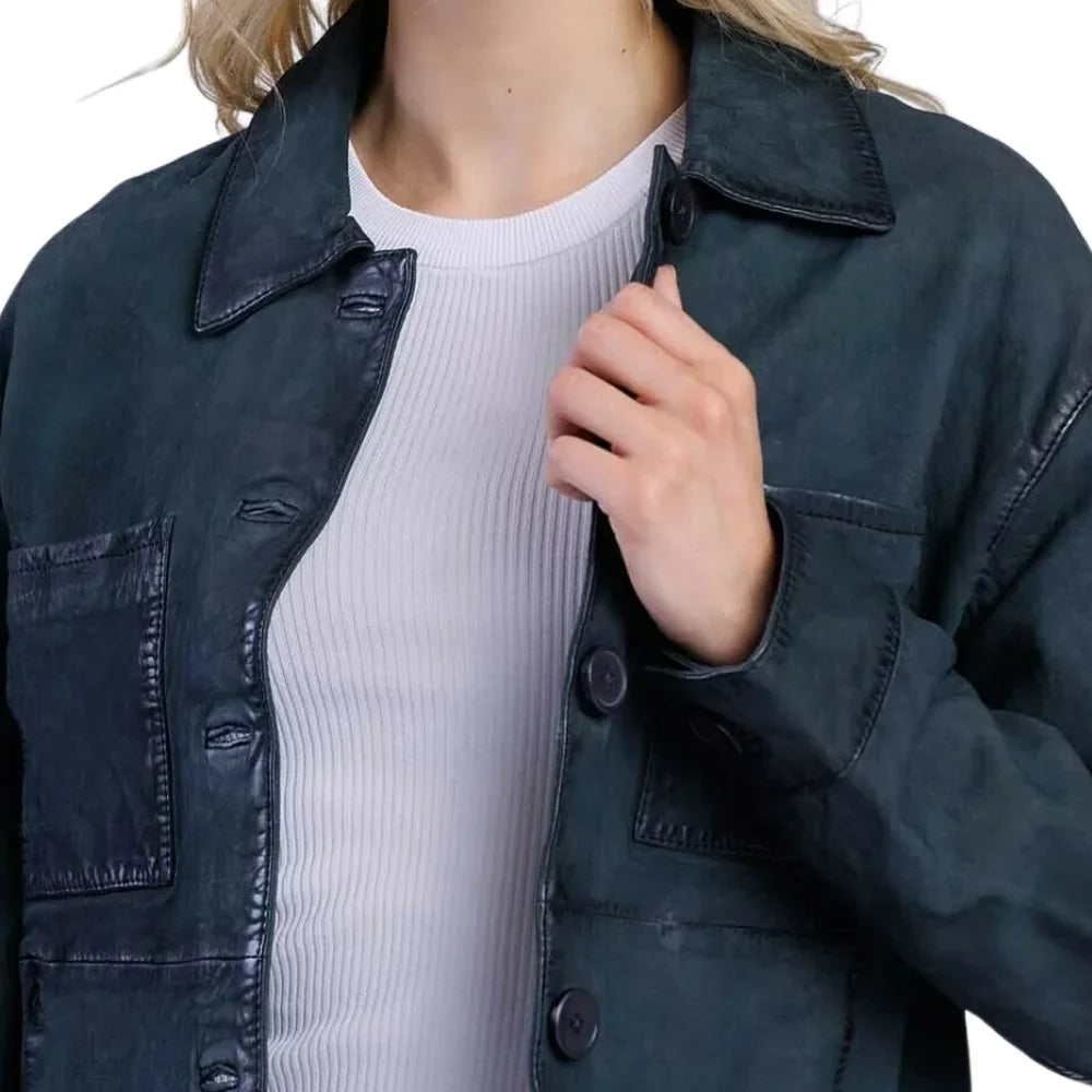 Womens-Deep-Teal-Blue-Cropped-Button-Up-Leather-Jacket