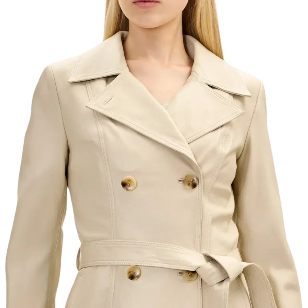 Women's Double Breasted Beige Lambskin Leather Trench Coat