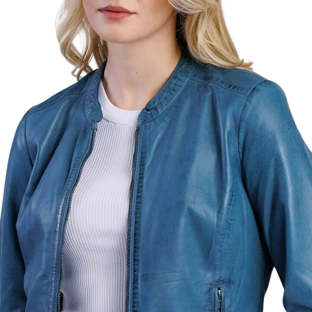 Women’s Blue Cafe Racer Genuine Leather Jacket with Stand Collar