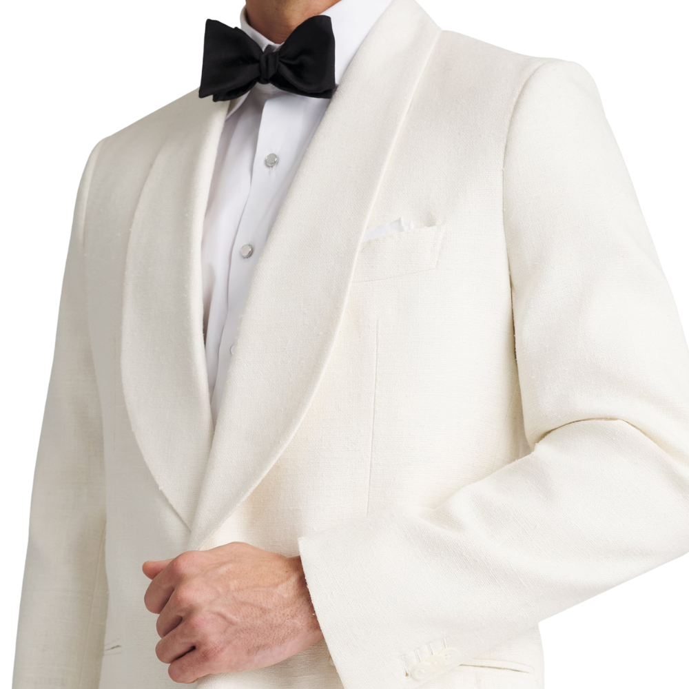 Men’s ivory tuxedo dinner jacket with black trousers