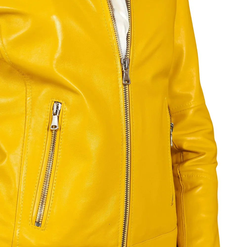 Yellow-Cafe-Racer-Leather-Jacket-Front- Zipper