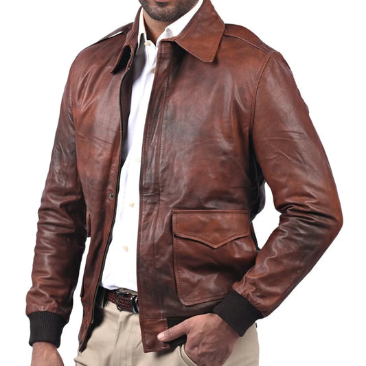 Men's Aviator A2 Vintage Brown Distressed Leather Bomber Jacket