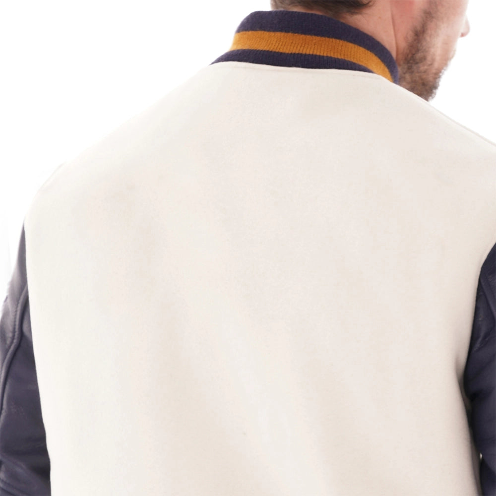 Wool Off White Varsity Jacket With Purple Leather Sleeves