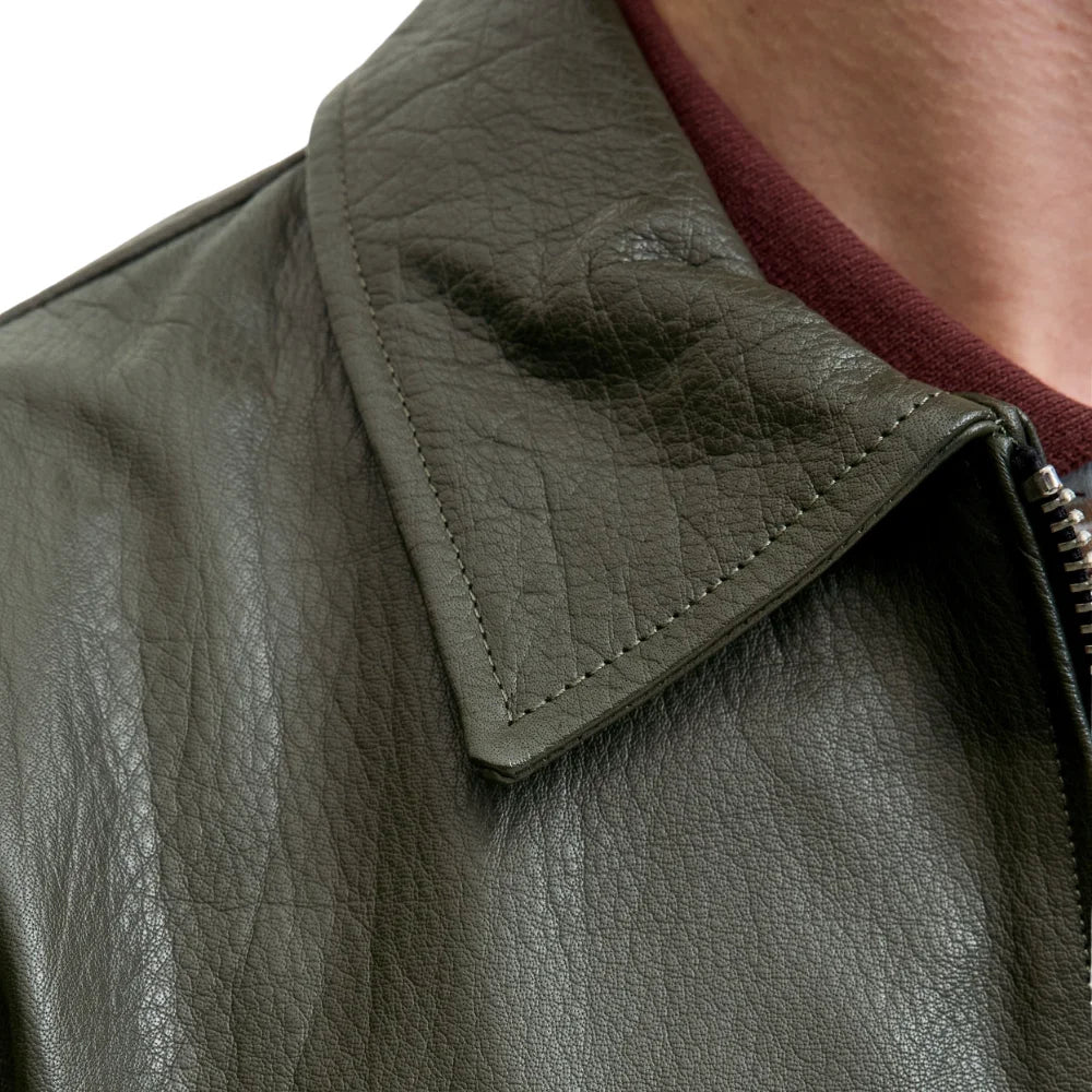 Men's Shirt Collar Olive Green Leather Jacket