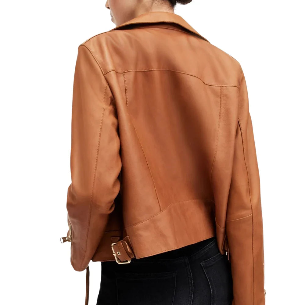 Women’s Tan Real Leather Biker Jacket - Trendy Jacket