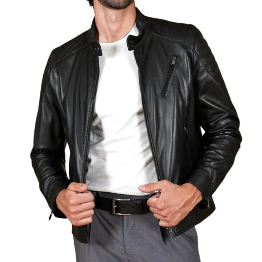 Men's Quilted Black Cafe Racer Leather Jacket