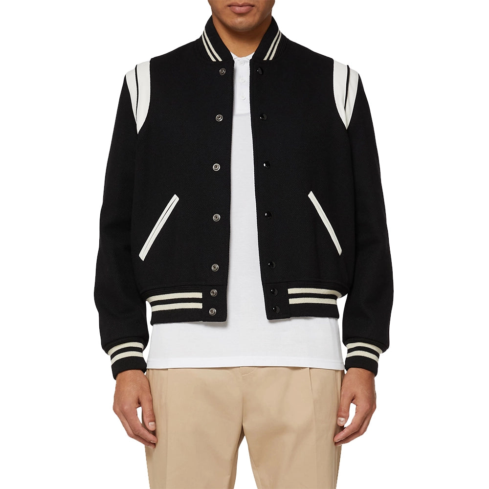 Mens White And Black Varsity Bomber Jacket