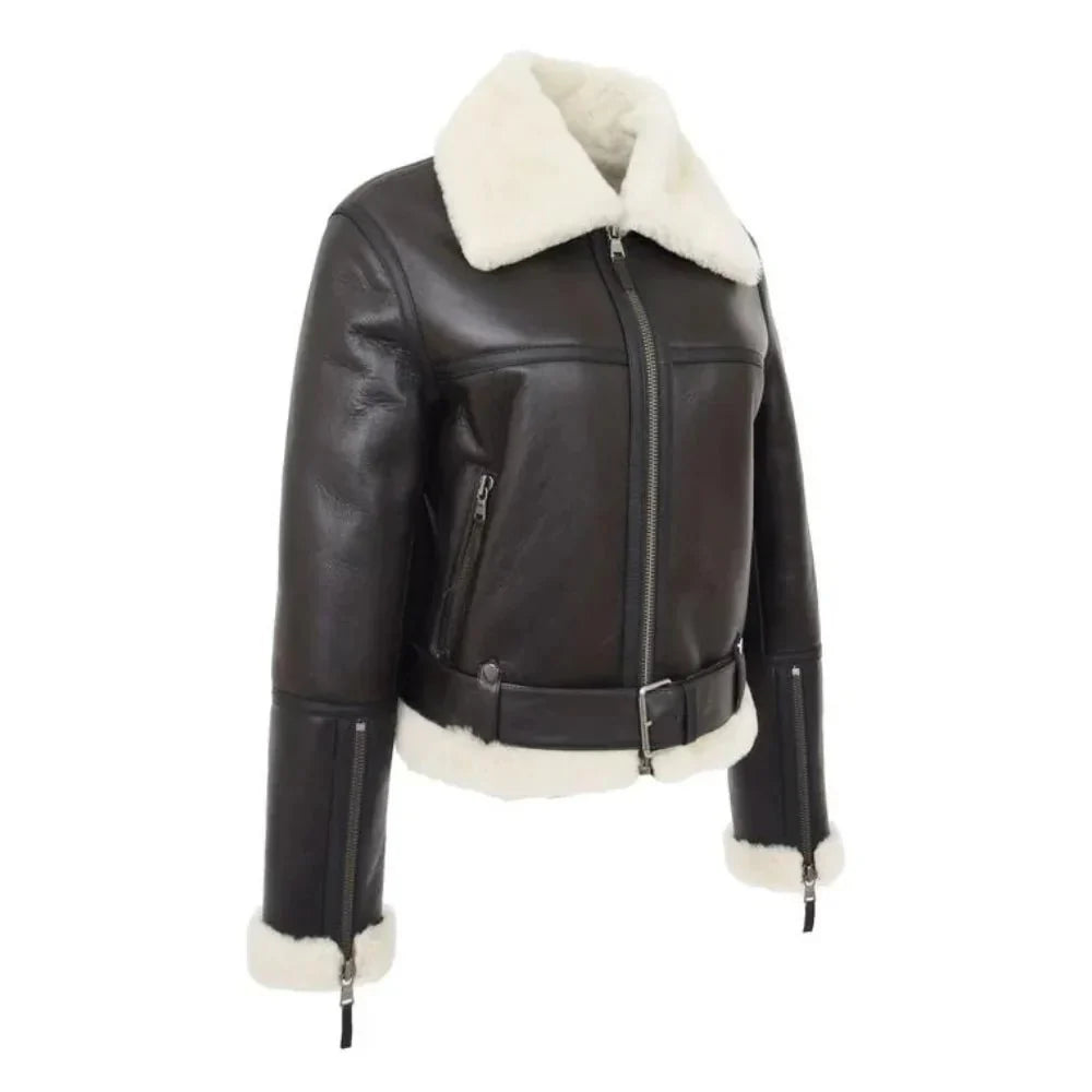 Black leather aviator jacket women with white shearling lining