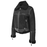 Washed black leather aviator jacket women with shearling collar