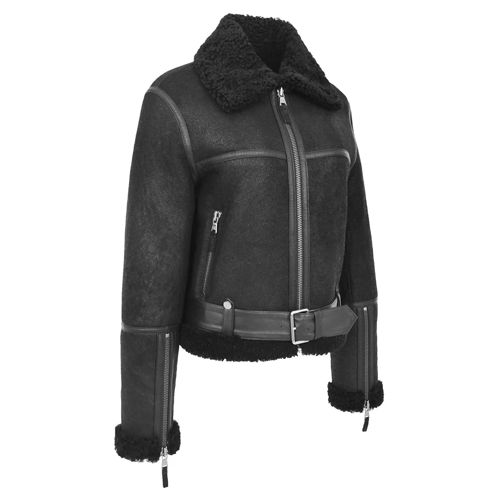 Black sheepskin aviator jacket women with zip front