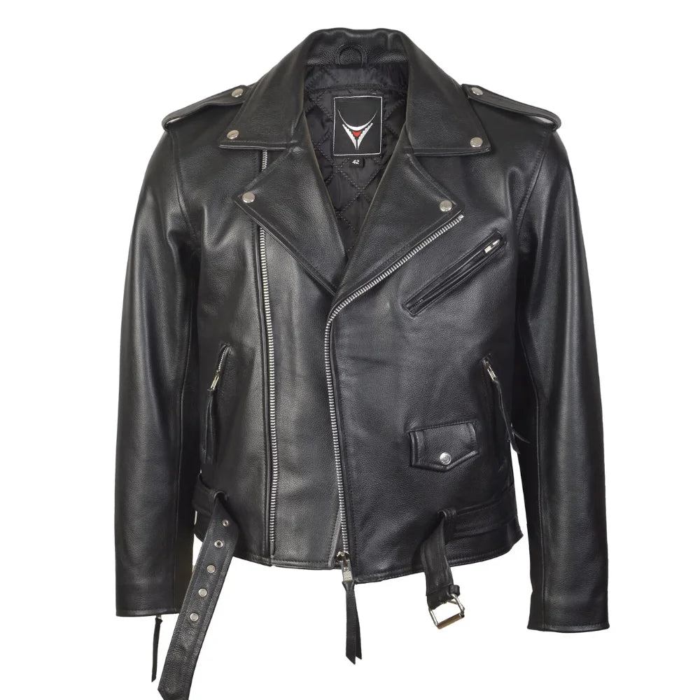 Mens Brando Belted Black Biker Leather Jacket