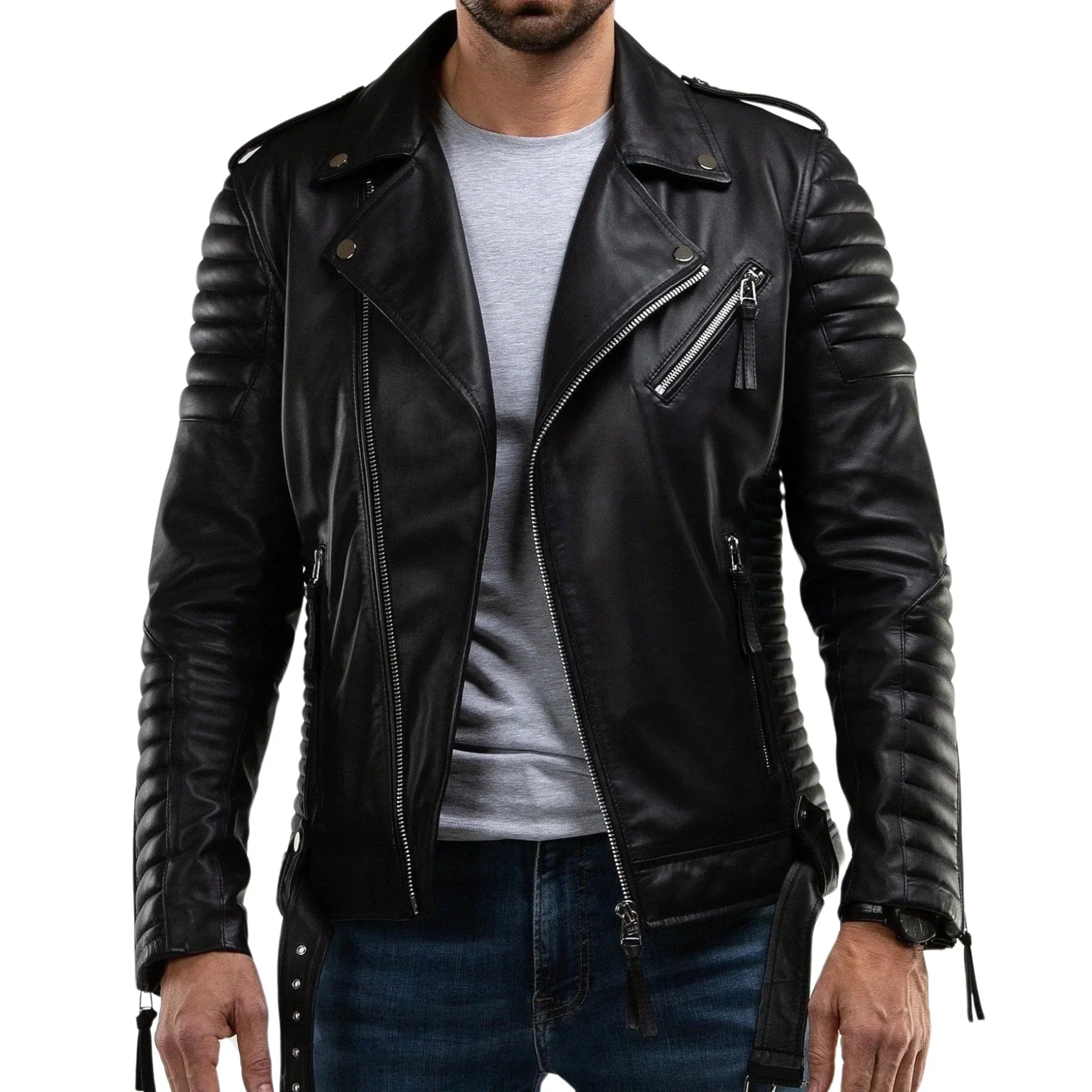 Men's Quilted Real Motorcycle Leather Jacket Black