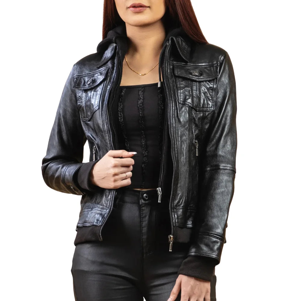 Black Leather Bomber Jacket Women with Removable Hood