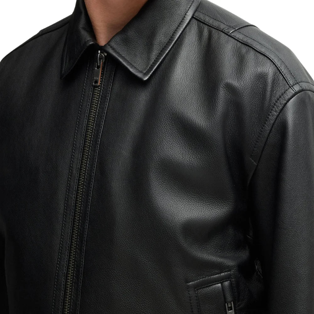 Men's Lamsbkin Black Relaxed Fit Black Bomber Jacket