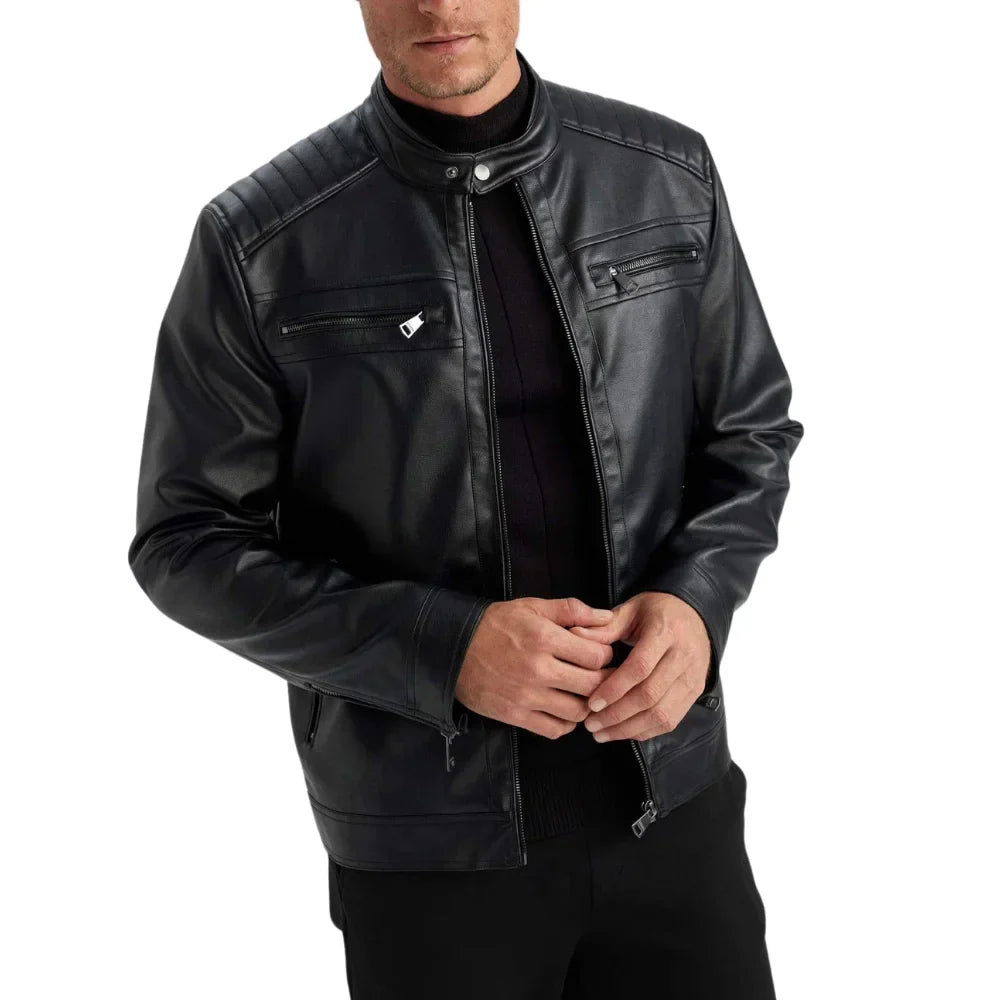 Snap-tab collar on men’s black cafe racer jacket