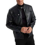 Snap-tab collar on men’s black cafe racer jacket
