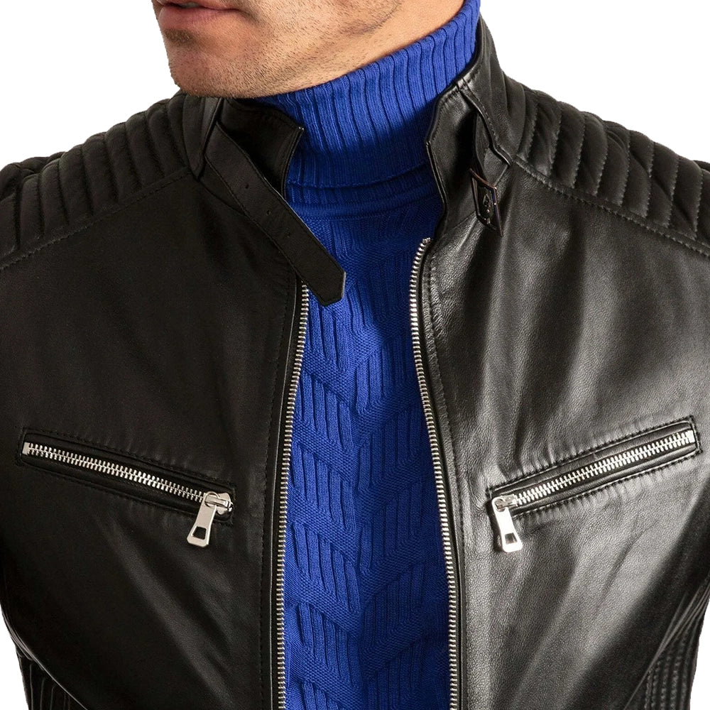 Mens Signature Black Leather Cafe Racer Motorcycle Jacket