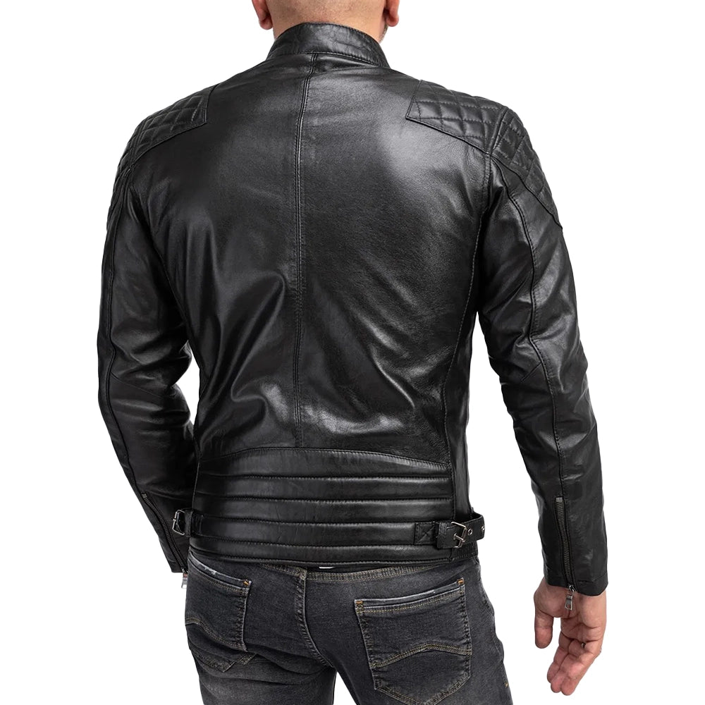 Mens Padded Black Cafe Racer Leather Jacket