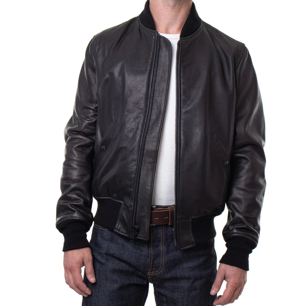 Men's Lightweight Black Cowhide Leather Bomber Jacket