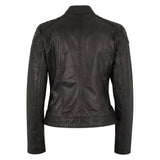 Back view of women’s black high-collar cowhide jacket