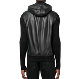 Black Leather Vest With Hood For Mens