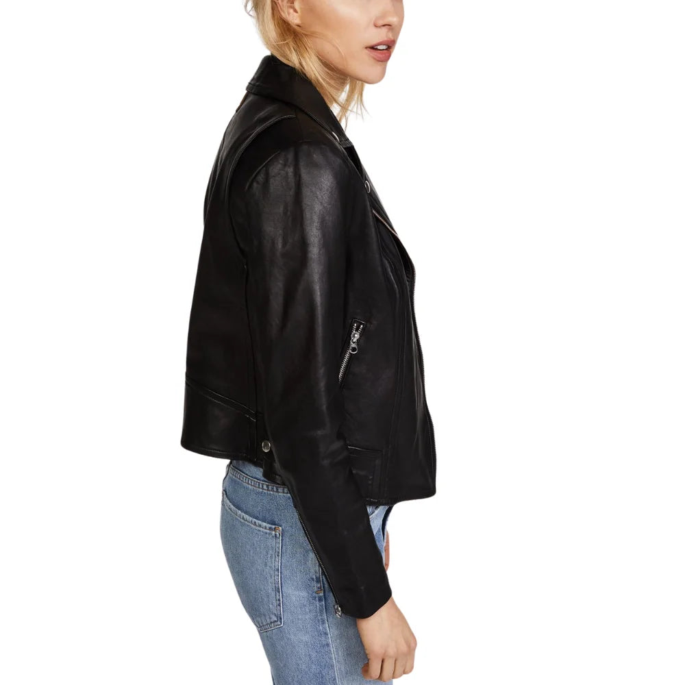Billie Black Womens Real Leather Biker Jacket with Hood
