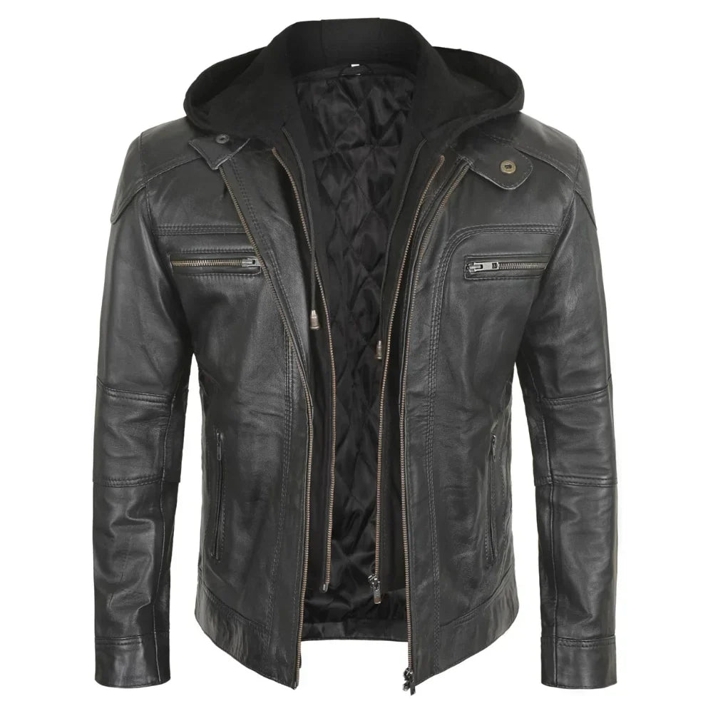 Front zipper on men’s black hooded leather jacket