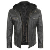 Front zipper on men’s black hooded leather jacket