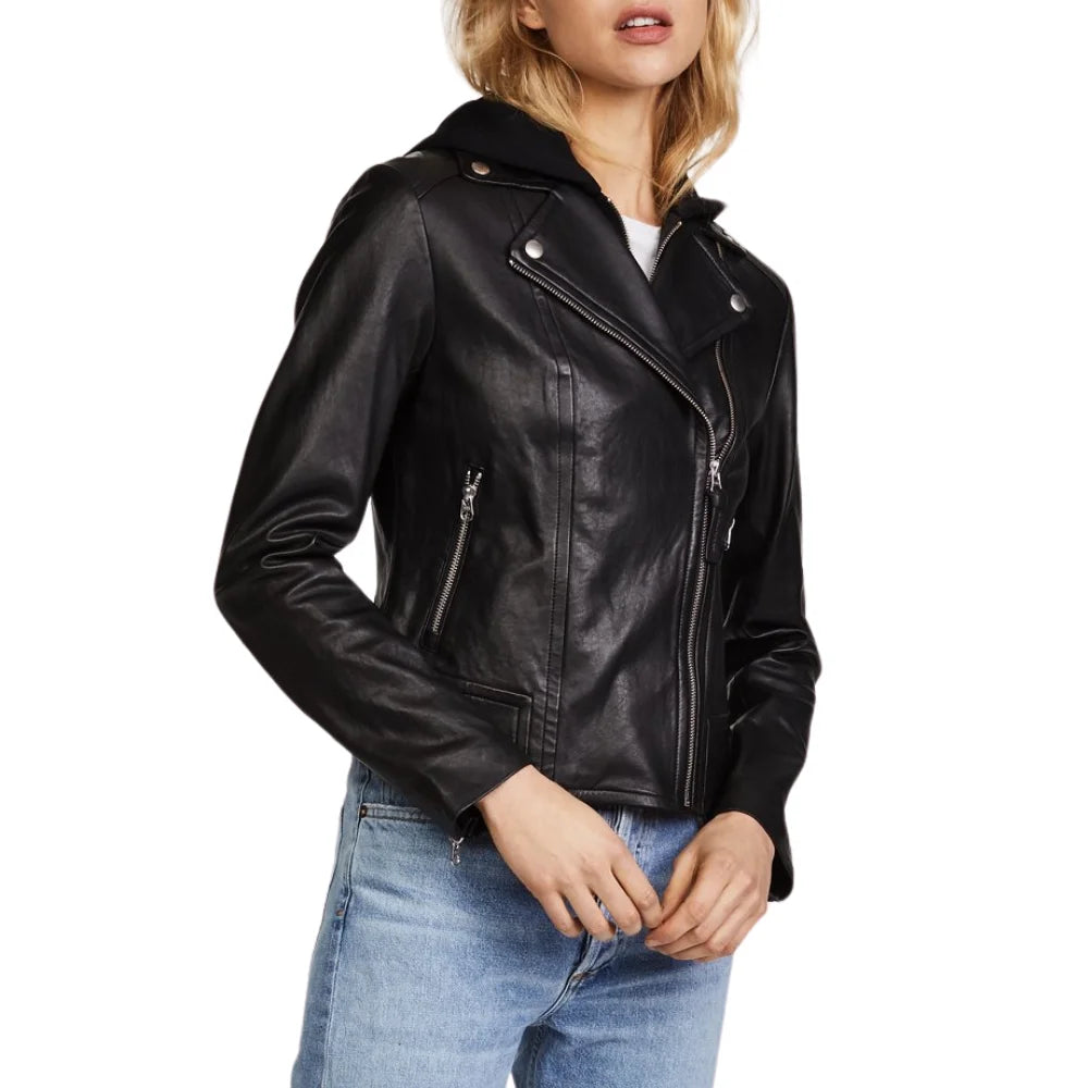 Billie Black Womens Real Leather Biker Jacket with Hood